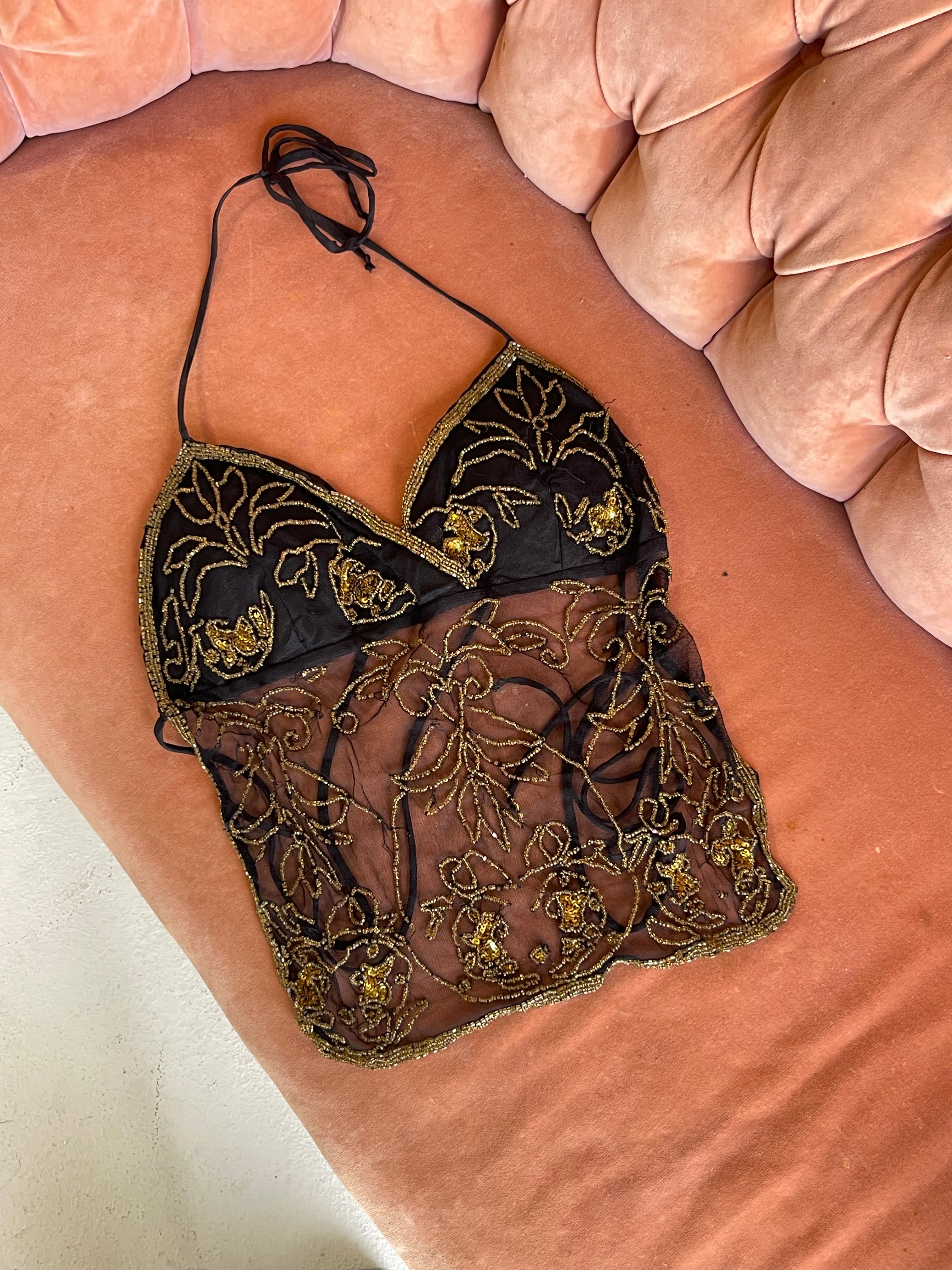 black & gold beaded halter top